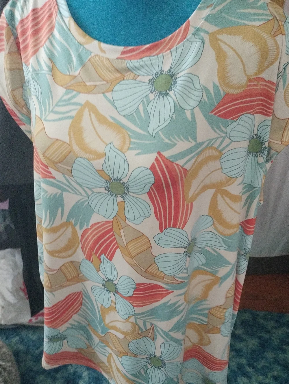 Cap Sleeve Floral Tank Top in Coral, Teal & Mustard - Women
